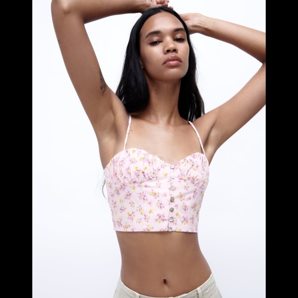 🌞ZARA Floral Print Buttom Up Ruched Back Linen Blend Crop Top - Picture 2 of 8